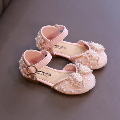 Girls Party Shoes Elegant Rhinestone Fashion Children's Leather Shoes Versatile Sweet Kids Princess Wedding Dress Flats Sandals.