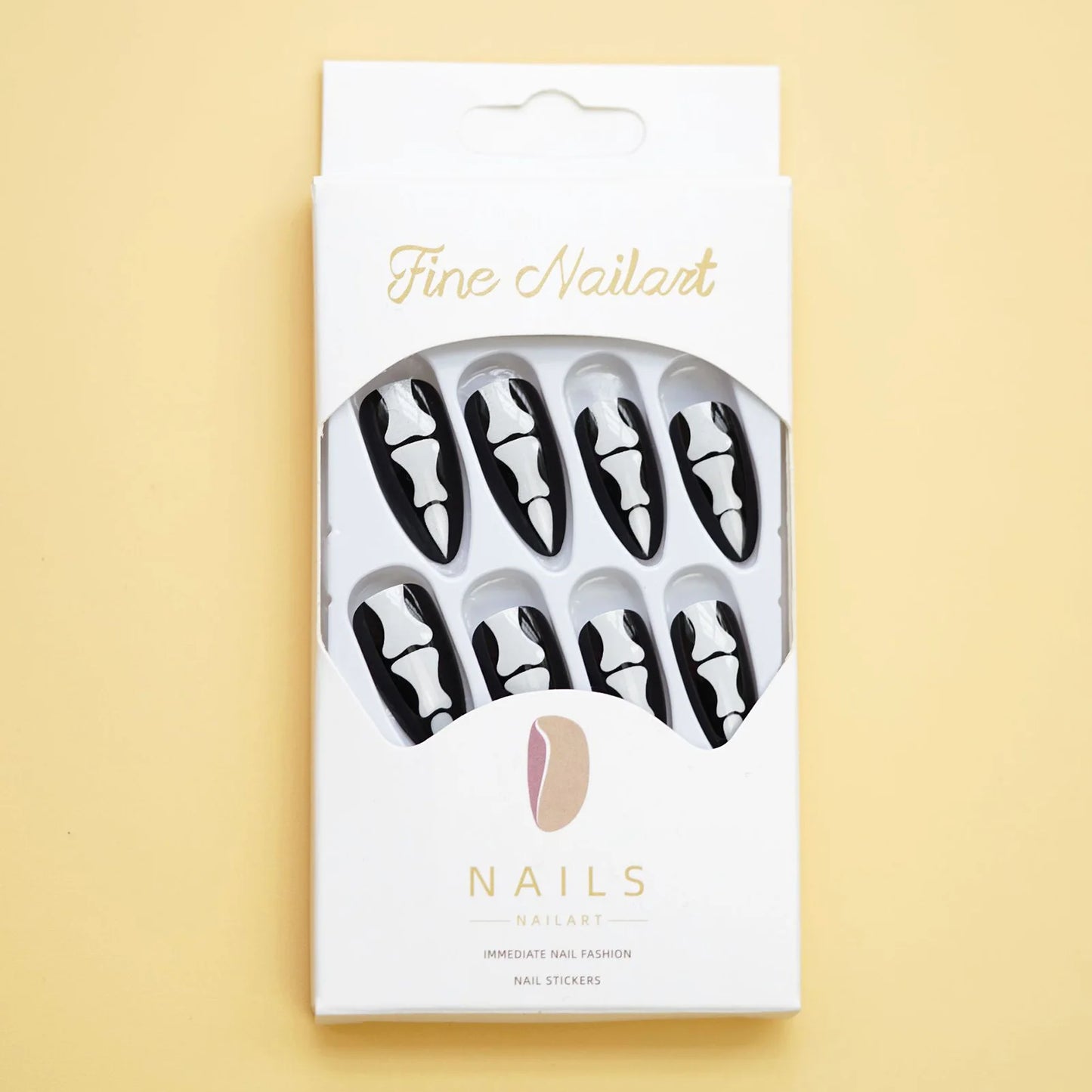 24Pcs Gothic Halloween Press On Nails - Creepy Skeleton Finger Fake Nails, Long Almond Black/White Acrylic False Nails Patches.