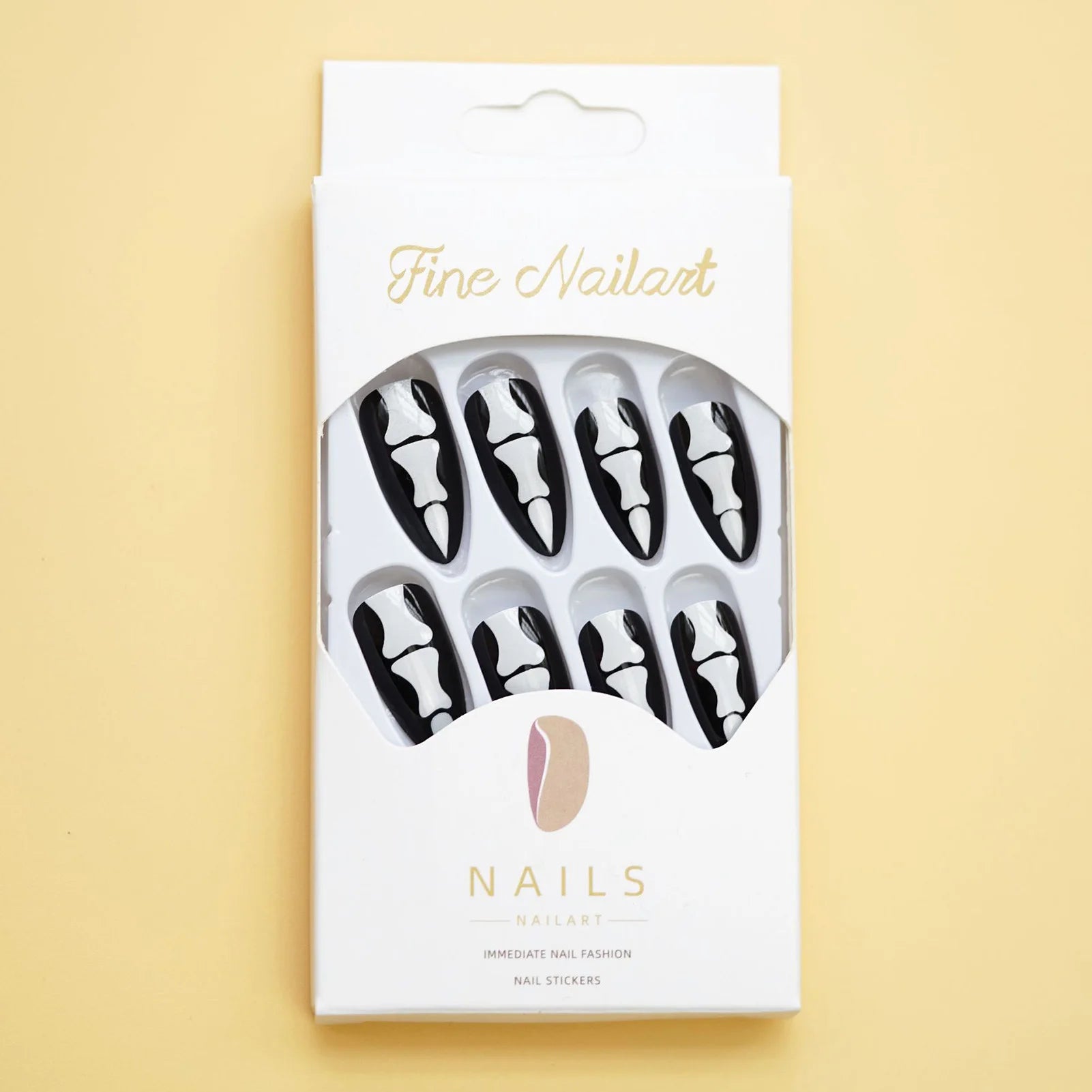 24Pcs Gothic Halloween Press On Nails - Creepy Skeleton Finger Fake Nails, Long Almond Black/White Acrylic False Nails Patches.