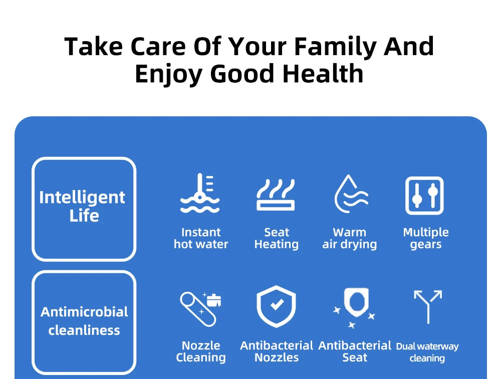 Intelligenter, länglicher Toilettensitzbezug – beheizt, wassersparend, automatische Reinigungsdüse, langsam schließend, trocken, LED-Licht für modernes Badezimmer