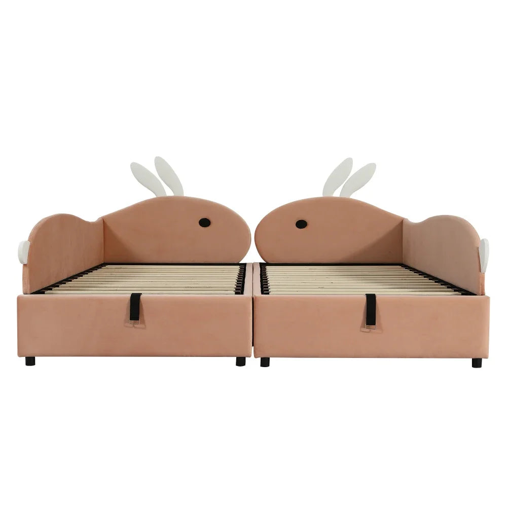 Polsterbett, Einzelbett, Babybett, niedlicher Hasenkopf, hydraulisches Bett mit Stauraum, erhöhter weicher Zaun, Samt, rosa + weiß, 90 x 200 cm