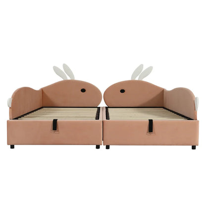 Polsterbett, Einzelbett, Babybett, niedlicher Hasenkopf, hydraulisches Bett mit Stauraum, erhöhter weicher Zaun, Samt, rosa + weiß, 90 x 200 cm