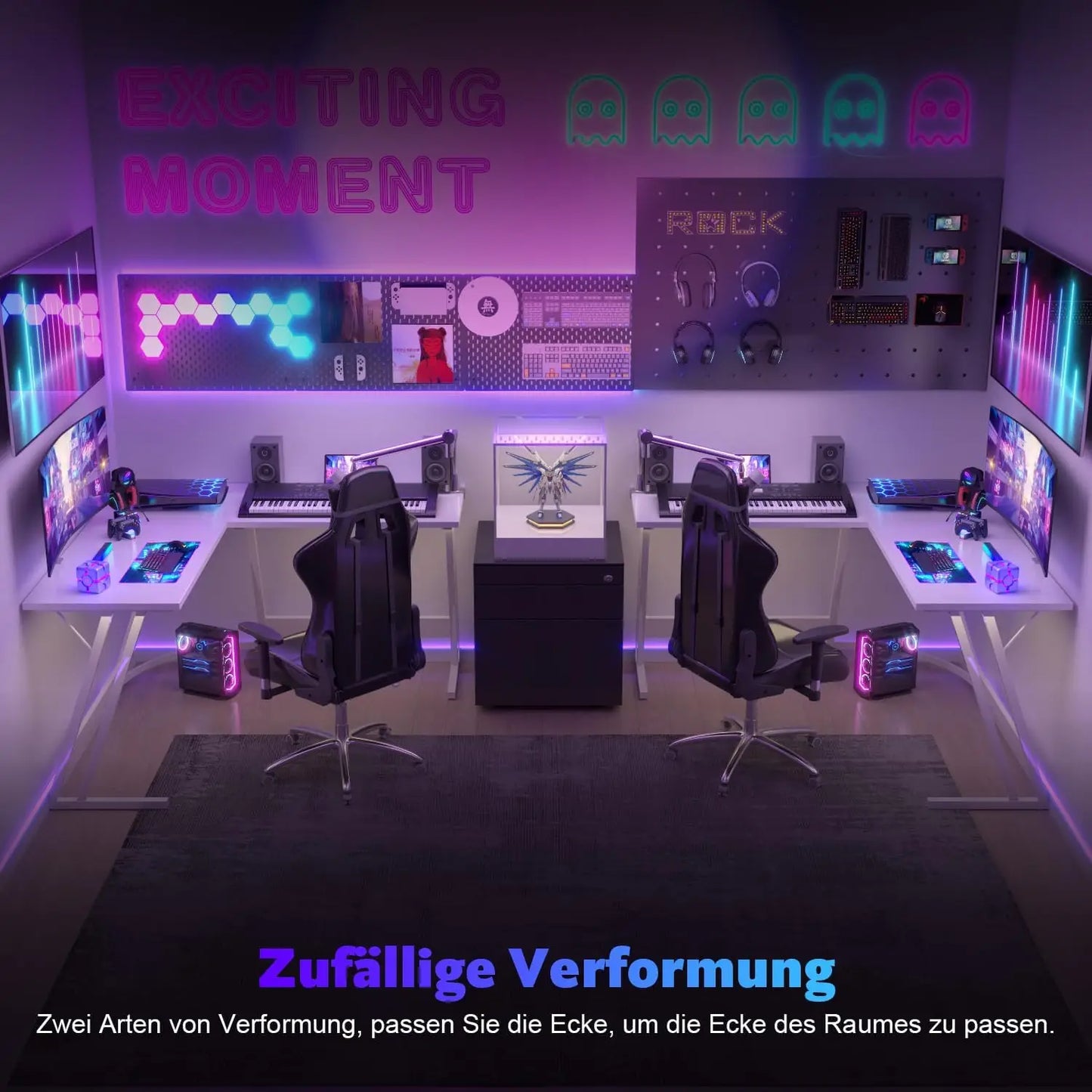 L-Form Gaming-Schreibtisch mit Monitorständer, großer PC-Computertisch für Gamer, Eckschreibtisch, Kohlefase