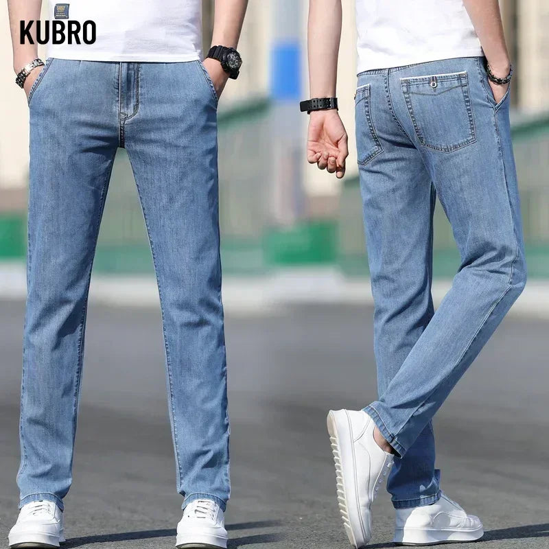 KUBRO 2024 Summer New Men's Loose Stretch Gray Jeans Fashion Casual Stretch Straight-leg Denim Pants Male Light Blue Brand.