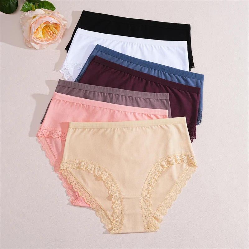 FINETOO 5Pcs Women Cotton Lace Underwear Sexy Seamless Breathable Panties Plus Size Mid-Waist Briefs Female Solid Soft Lingerie.
