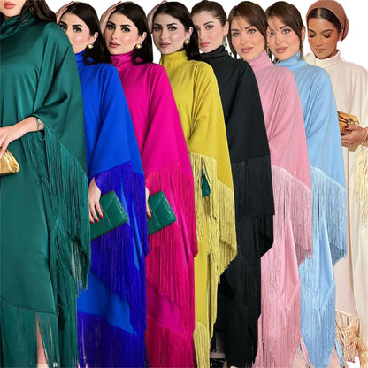 Eid Satin Luxury Green White Black Pink Khimar Tassel Butterfly Batwing Abaya For Women Islam Muslim Maxi Dress Kaftan Kebaya.