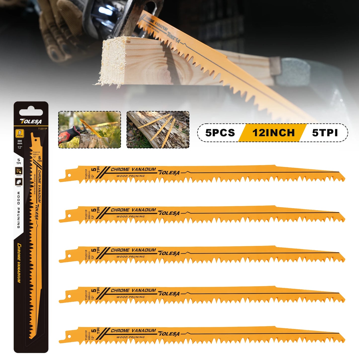 TOLESA 5PCS 5/6TPI Holz Beschneiden Säbelsägeblätter für Holz und PVC Rohr Schneiden CRV Sharp Ground Zähne Säbelsägeblätter