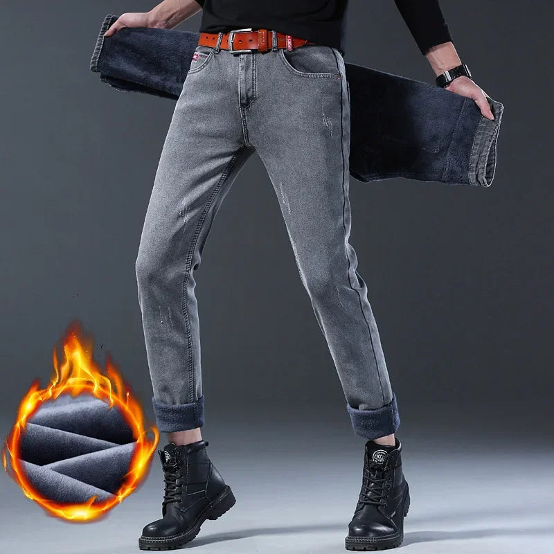 Winter Hot Sale Of The Season Trendy Stretchy Fleece Lined Thick Denim Mid Waist Fashionable Casual Warm Long Pants Men's Jeans.