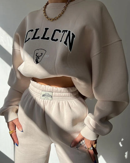 Warm Suit Autumn Winter Women Solid Set Elegant O-neck Pullover Hoodie And Pocket Trousers Two-Piece Set Lady Casual Loose Sets