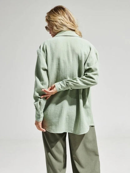 Muslin 100% Cotton Gauze Crepe For Women Shirts Blouse Turn Down Long Sleeve Single-Breasted Office Lady Loose Top Blusas Mujer