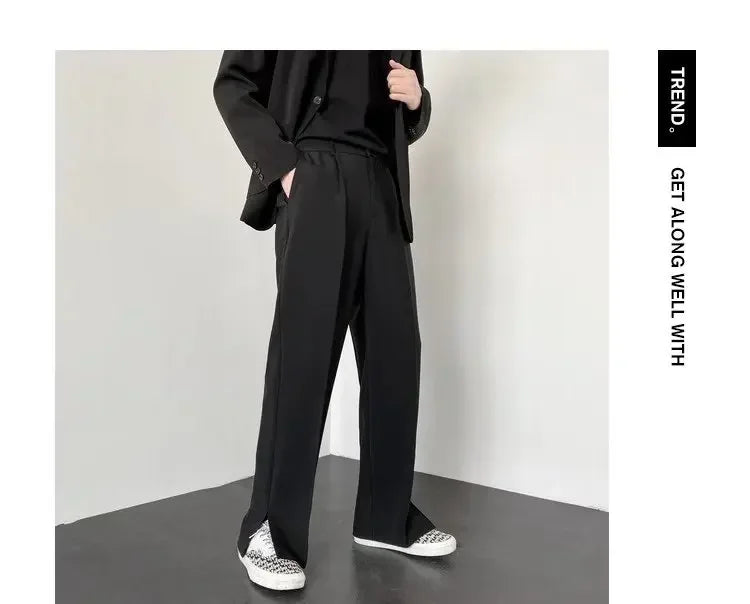 Men's Straight Baggy Casual Pants Korean Slit Personality Suit Trousers Fashion Formal Business Male Streetwear Gray Khaki Black.