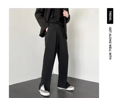 Men's Straight Baggy Casual Pants Korean Slit Personality Suit Trousers Fashion Formal Business Male Streetwear Gray Khaki Black.