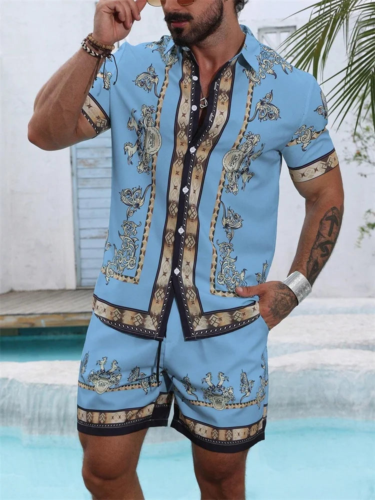 A Comfortable Summer Men's Suit Featuring Short-sleeved Shirts And Loose Shorts, A Two-piece Outdoor Fashion Set.