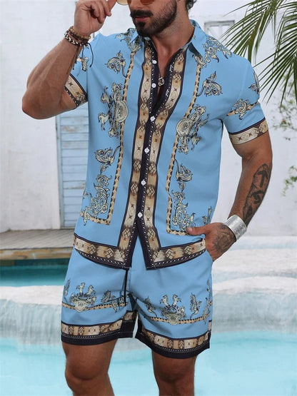 A Comfortable Summer Men's Suit Featuring Short-sleeved Shirts And Loose Shorts, A Two-piece Outdoor Fashion Set.