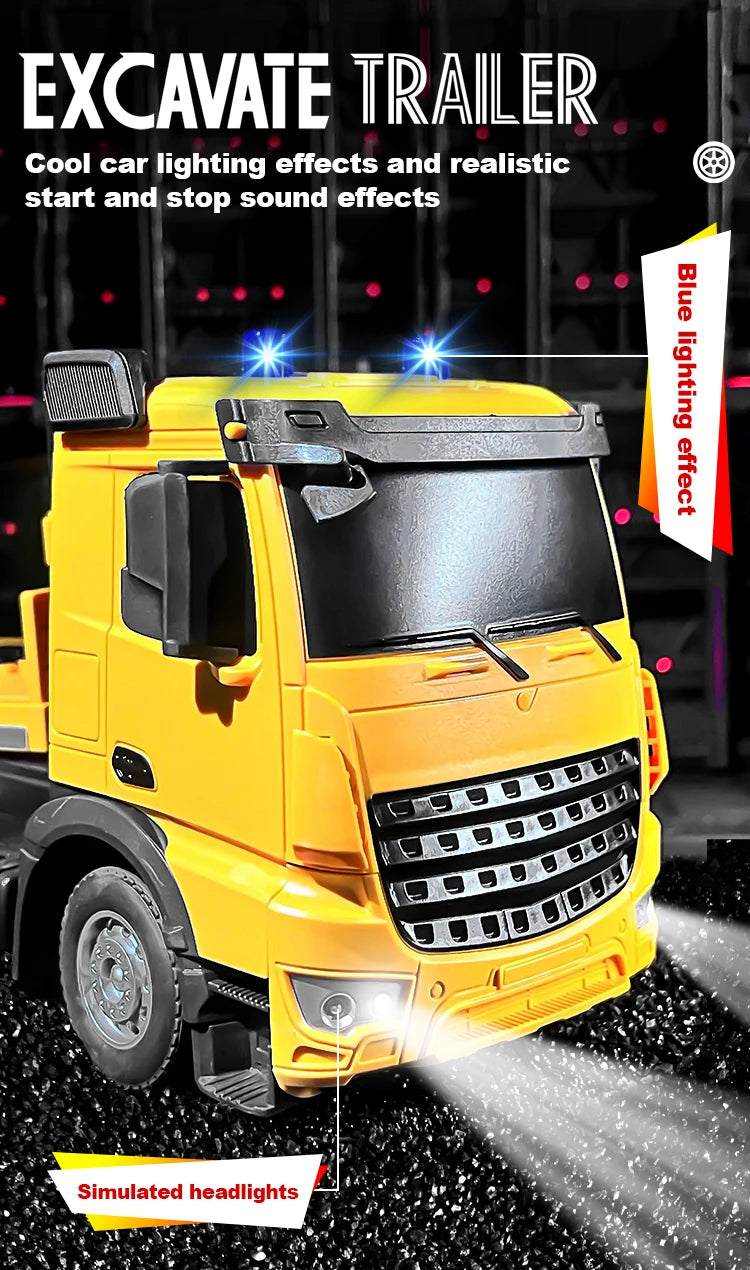 2 In 1 Rc Truck Combination Set Trailer Flat Trucks with 11Ch Excavator Engineer Vehicle 2.4G Remote Control Car Christmas Gifts.