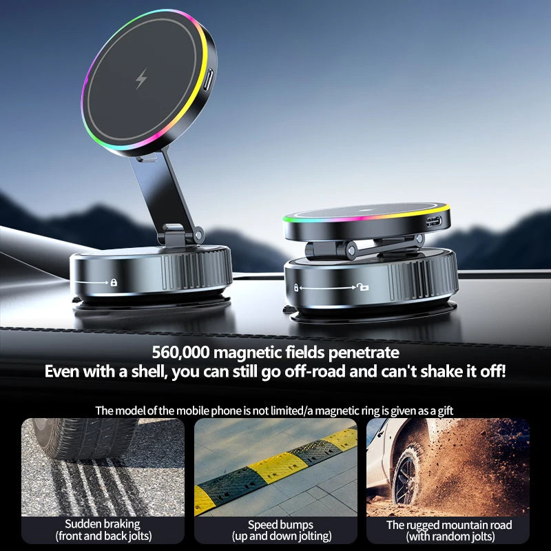 2025 New K3 Wireless Charger Car Phone Holder Colorful Light Vacuum Suction Cup Charging Can 360° Rotate Foldable Phone Holder.