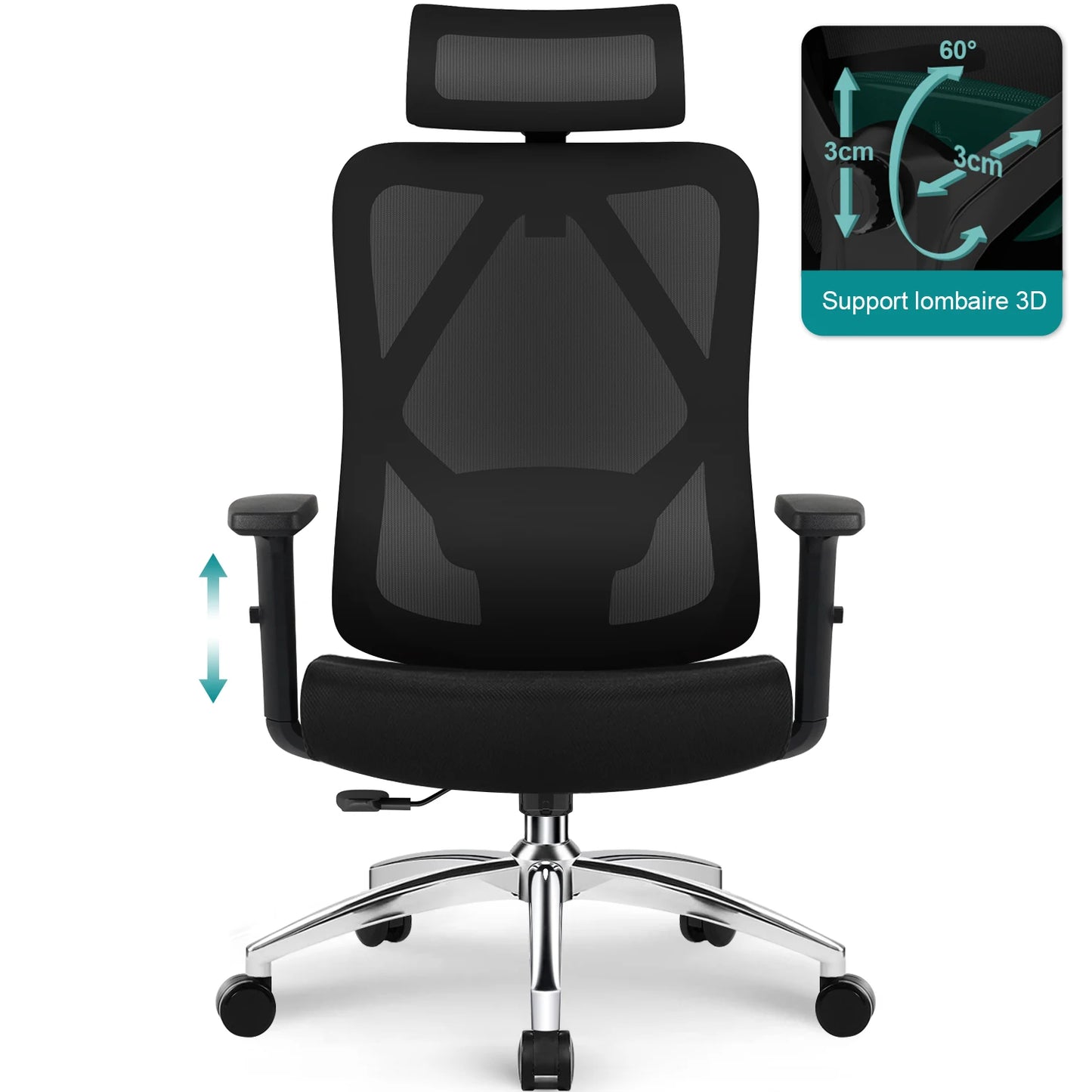 aiibottech Ergonomischer Bürostuhl, Netz-Schreibtischstuhl, verstellbare Lordosenstütze, drehbare neigbare Räder für Home-Office-Gaming