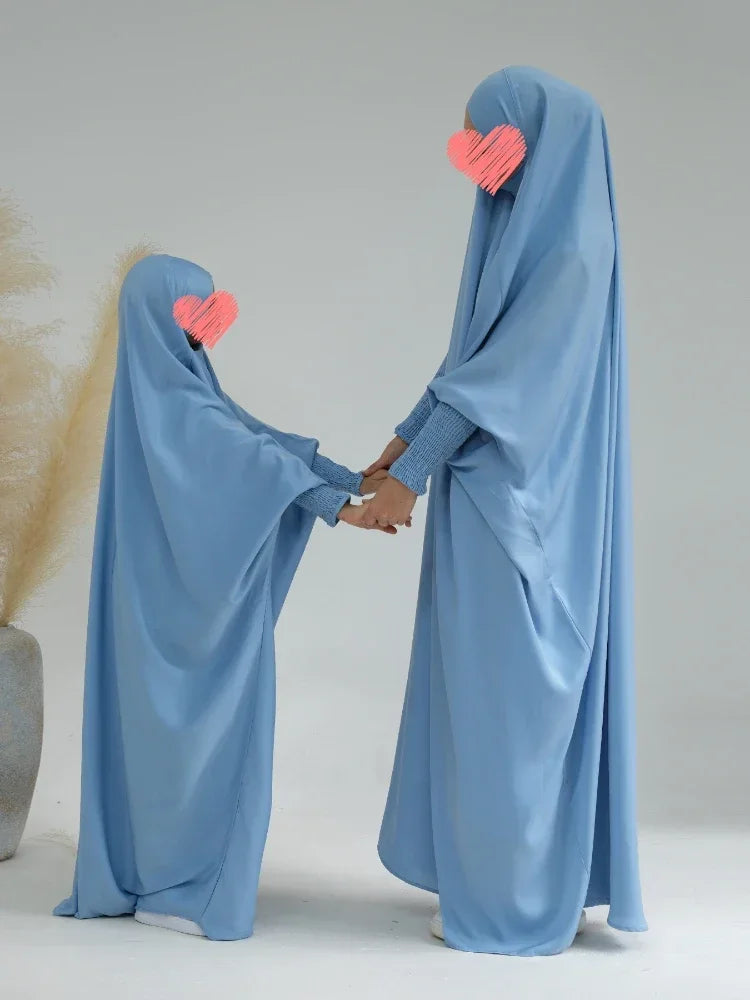 Ramadan Muslim Robe 2 Piece Set Mommy & Kids Prayer Garment Hijab Dress Women Girls Hooded Abaya Niqab Islam Dubai Eid jilbab.