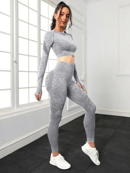 2 Piece Acid Wash Gym Set Women Seamless Long Sleeve Leggings Tracksuit Sports Fitness Suit Scrunch Workout Clothes Yoga Outfits
