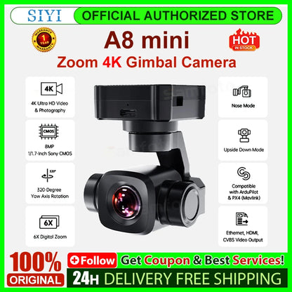 SIYI A8 mini 4K Gimbal Camara 8MP Ultra HD 6X Digital Zoom Gimbal Camera with 1/1.7" Sony Sensor 95g Lightweight 55x55x70mm.