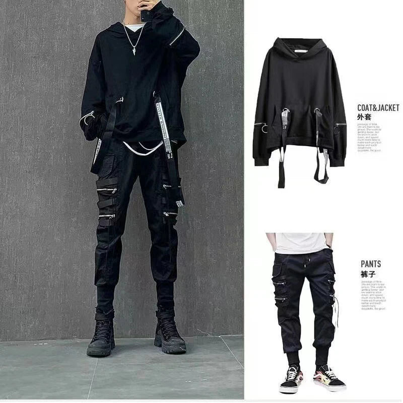 Men's Sets Black Hoodies+Pants Punk Graphic Zipper Hooded Sweatshirts Cargo Pant Men Oversized Loose Streetwear Suits.