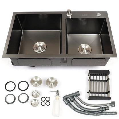 Black King Edelstahl Doppelschüssel Küchenspüle Inset Korb Abtropffläche Seifenspender