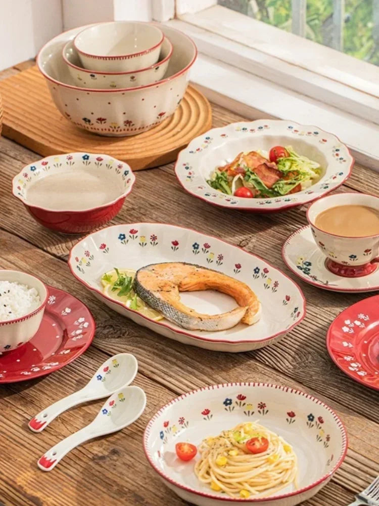 SOLECASA Pastoral Style Ceramic Tableware Soup Bowl Salad Bowl Dish Pasta Dessert Plates Dinnerware Dinnerware Table Decoration.