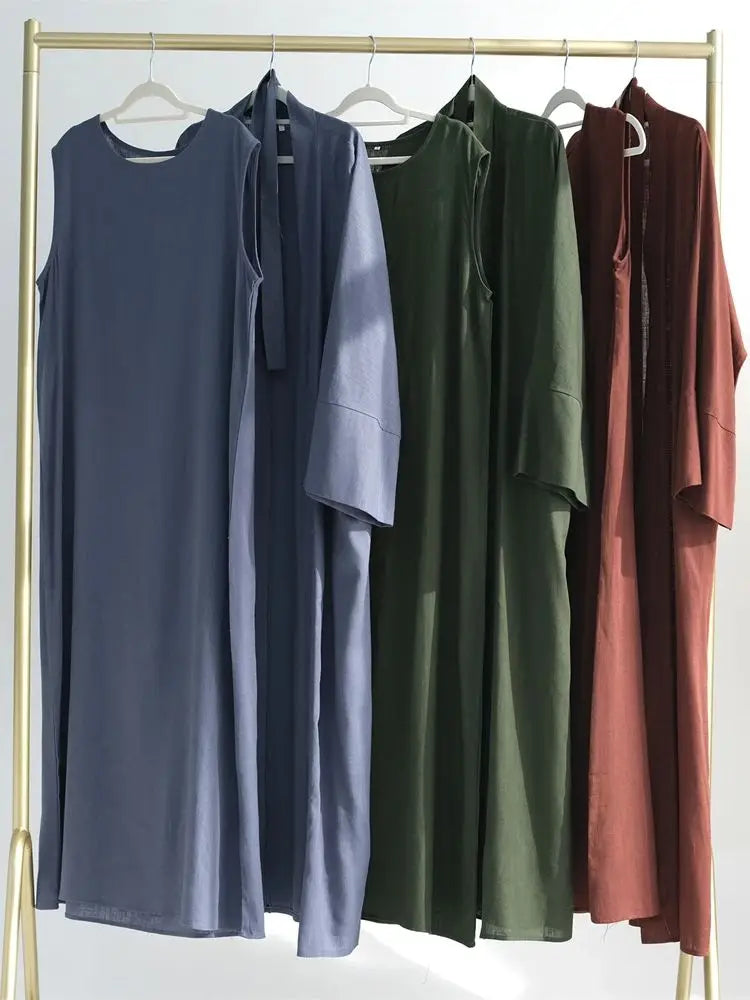 Eid Summer Cotton Linen Kimono Coat Dubai Open Abaya 2024 Muslim for Women Set Retro Kaftan Modest Dresses Islam Clothing Kebaya.