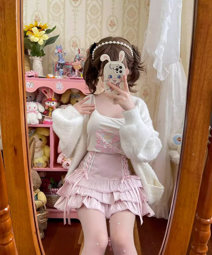Japanese Kawaii Lolita Style Pleated Skirts Women High Waist Pink Bandage Fairy Y2k Aesthetic Skirt Cute Faldas Mujer Moda 2024
