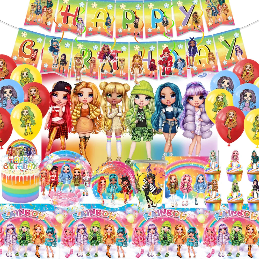 Cartoon Regenbogen Puppe High School Thema Hintergrund Geburtstag Party Dekoration Lieferungen Einweg Tasse Besteck Ballon Baby Geschenk.