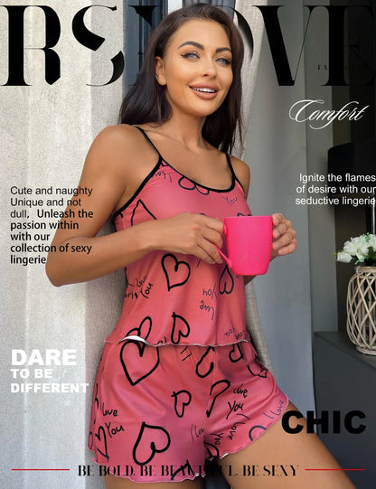 Herzförmiges bedrucktes Pyjama-Set für Damen, sexy Pyjama, Seiden-Plissee-Weste, Shorts-Set, weich und bequem, Heimkleidung, süß und süß.