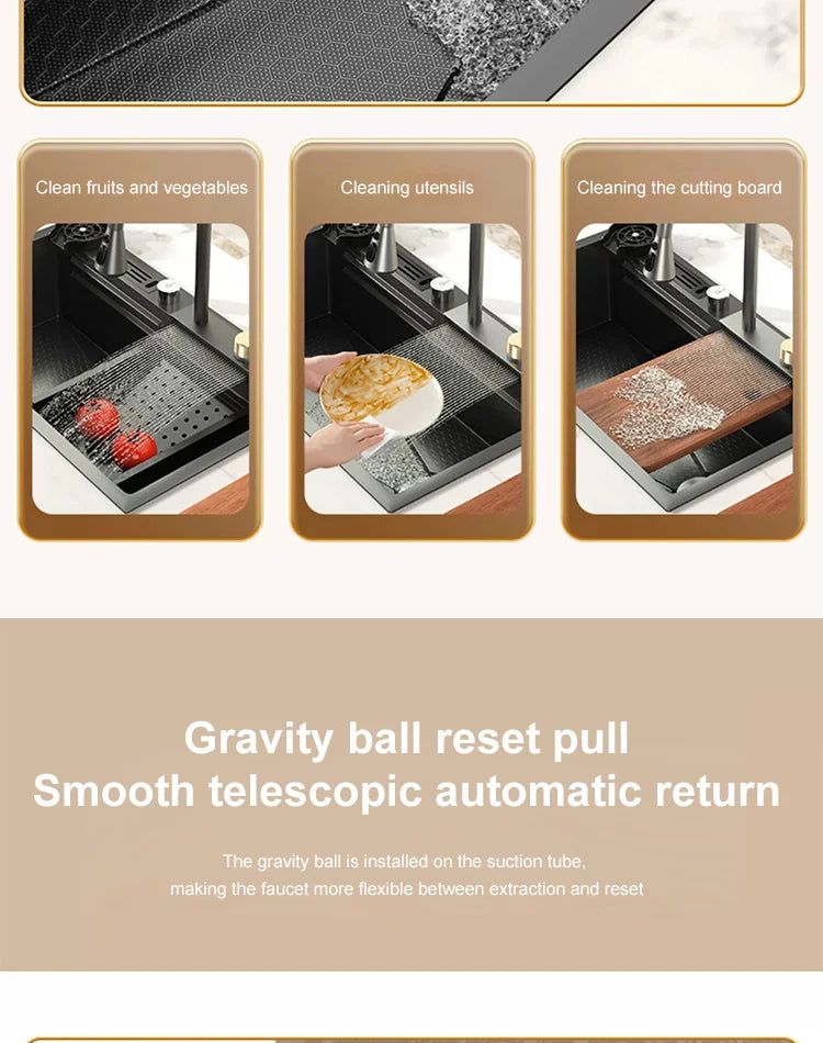 Large Single Slot Embossed Stainless Steel Waterfall Kitchen Sink  Household Wash basin Dishwashing  Sink For Kitchen