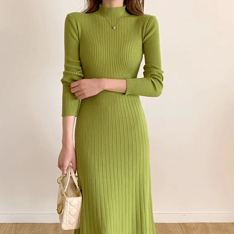 Herbst Winter 2023 Schlank Langarm Party Midi Kleid für Frauen Gestrickte Halb Hohen Kragen Elegante Gestrickte Pullover Kleider Damen.