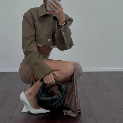 WhereMery Vintage Flower Applique High Split Long Skirt Sexy High-waist Ruched Solid Slim Skirts 2025 Casual Women's Short Drees.