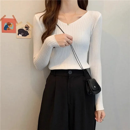 2025 einfarbig Schlank Pullover Koreanische Herbst Winter V-ausschnitt Pullover Mode Lässig Langarm Gestrickte Pullover Frauen Kleidung