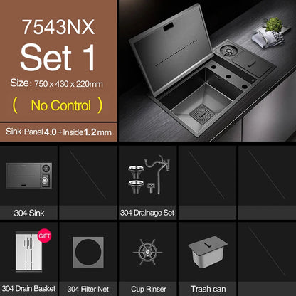 ASRAS Nanometer Hidden Flip Cover kitchen Island Sink 4mm Thickness Handmade Cup Rinser And Trash Can Kitchen Sinks