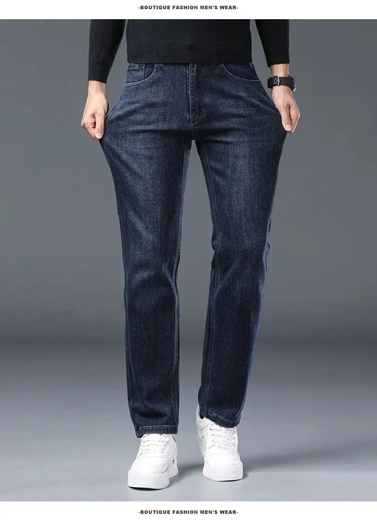 2025 New Stretch Jeans Men's Regular Classic Business Slim Trousers Black Blue Straight Male Y2K Brand Clothing Pants Size 29-40.