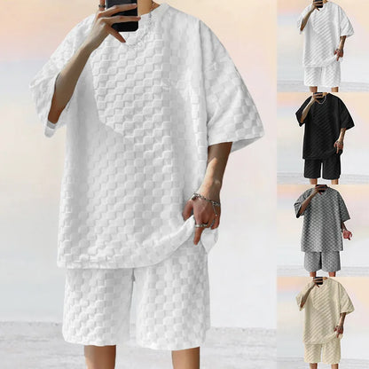 European and American Oversized Fashion Brand Men's Summer New Chessboard Plaid Loose Sports and Leisure Two-Piece Set.