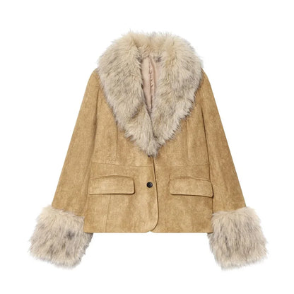 MUJER Kunstpelz-Leder-Blazer für Damen, Kunstleder, luxuriöse Damen-Blazer, Mäntel, Büro, taillierte Jacke, Damen-Winter-Oberbekleidung