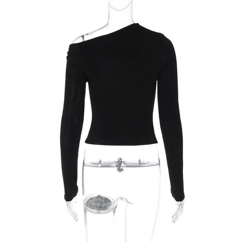 Blifanbo Oblique Shoulder Long Sleeve Tops For Women Metal Buckle Slim Fit Sexy Solid Color Bodycon Fashion BasicTop Streetwear.