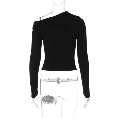 Blifanbo Oblique Shoulder Long Sleeve Tops For Women Metal Buckle Slim Fit Sexy Solid Color Bodycon Fashion BasicTop Streetwear.