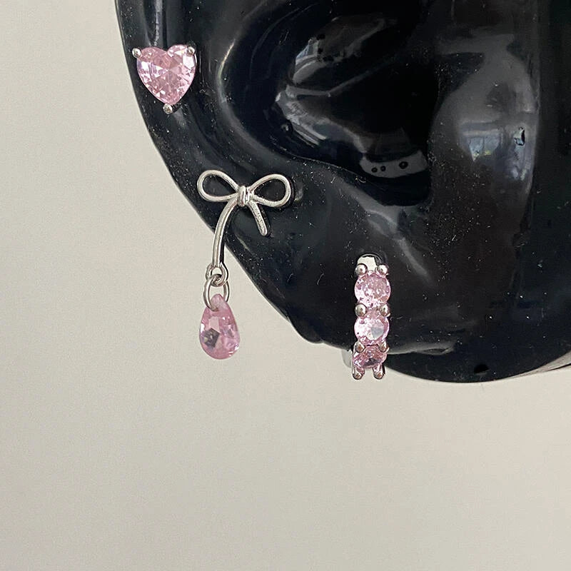 Cute Pink Zircon Cat Stainless Steel Ear Bone Nail Water Droplet Pendant Small Earrings for Women Cochlear Puncture Accessory.