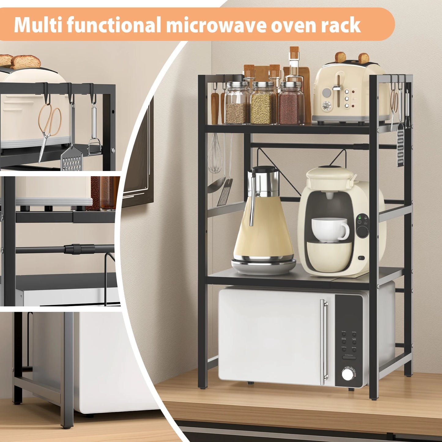 Kitchen Storage Rack Metal Condiment Organizer Shelf Expandable Microwave Shelf Height Adjustable.