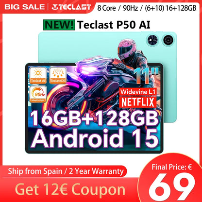 【New】 Android 15 Tablet Teclast P50AI 11 inch Screen 90Hz AllWinner A733-AI Octa-Core (6GB + 10GB )Max.16GBGB RAM 128GB LPDDR5 Wifi-6 7000mAh AI Tablet PC.
