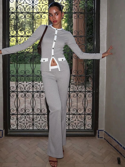 Sisterlinda Classic Street 2 Piece Set Autumn Daily Panelled Trim Full Sleeve Single Breasted Tops+Slim Pants Female Casual Suit