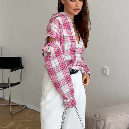 Tossy Casual Gedruckt Patchwork Shirts Top Weibliche Patchwork Revers Lose Kontrast Langarm Elegante Mantel Für Frauen Sommer Top.