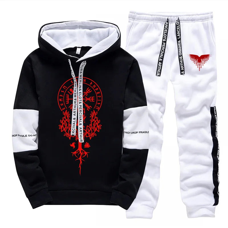 2025 Trendy Mens Tracksuit Hooded Sweatpants Viking Raven Print Autumn Winter Casual Sportswear Jogging Outfit Clothes for Man.