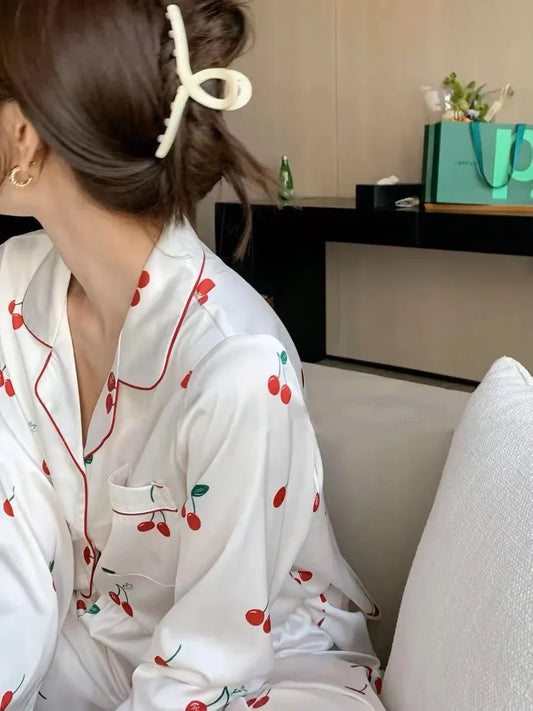 2023 frühling Herbst Neue Eis Seide 2 Stück Pyjamas für Frauen Mode Strickjacke frauen Pyjamas Süße Druck Loungewear Frauen set