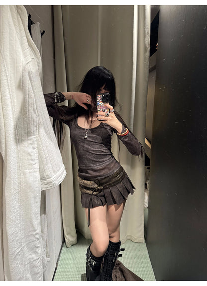 Lautaro Spring Summer Cool Washed Distressed Soft Pu Leather Mini Pleated Skirt Women High Waist Belt Luxury Designer Clothes.