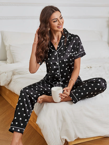 Heart Print Satin Pajama Set Casual Short Sleeve Buttons Lapel Top & Elastic Pants Women's Sleepwear.